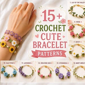 Può includere: Una collezione di 16 braccialetti all'uncinetto con vari motivi floreali tra cui mughetto, quadrifoglio, tulipano, rosa, loto, rosa a spirale, margherita, girasole, fiore di ciliegio, rosa blu, lavanda, bocciolo di rosa, ortensia, gipsofila, gloria del mattino e viola del pensiero.