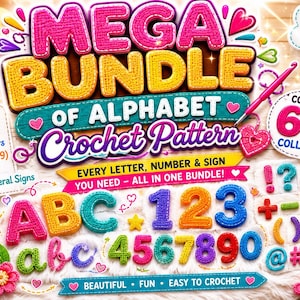 Crochet Alphabet Patterns Bundle, ABC applique  , Uppercase Lowercase Cursive Numbers Punctuation & Math Symbols PDF, instant download