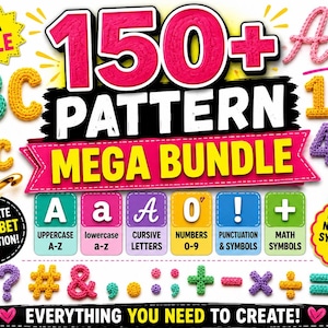 häkeln Alphabet Muster Bundle, ABC Applikation, Großbuchstaben Kleinbuchstaben Schreibschrift Zahlen Satzzeichen & mathematische Symbole PDF, sofort Download