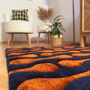 Hand Tufted Navy Blue Runner Rug with Rust Abstract Pattern, Modern Retro Wool Carpet, Custom Hallway Runner, Mid Century Area Rug