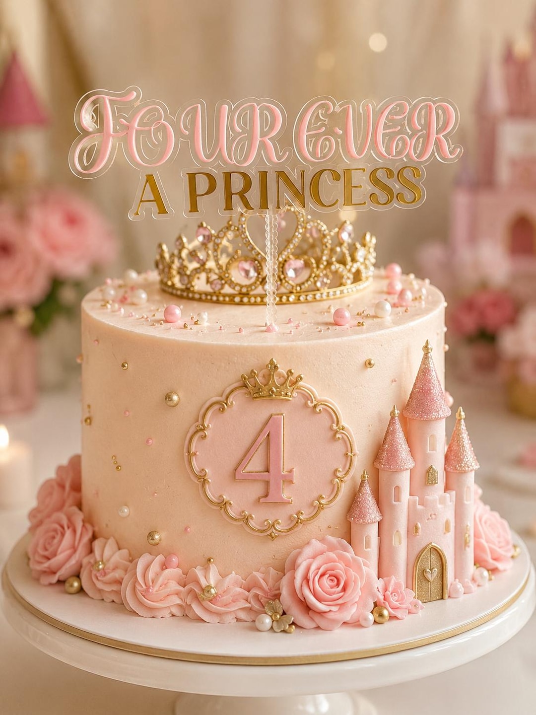Four Ever a Princess Birthday Cake Topper | Pink Fourth Birthday Crown ...