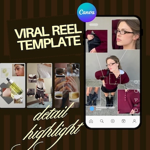 Op de afbeelding: Een digitaal grafisch ontwerpsjabloon voor social media reels met de tekst VIRAL REEL TEMPLATE en detail highlight. De lay-out toont een smartphone-interface met een collage van modeafbeeldingen, waaronder een persoon in een bordeauxrode top.