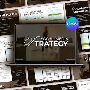 May include: A laptop displaying a "Social Media Strategy" presentation, surrounded by various social media planning documents. The Canva logo is visible. The presentation includes sections on brand aesthetics, content strategy, and audience persona.