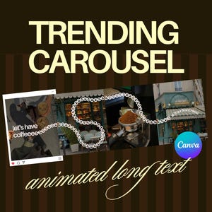 Puede incluir: Una plantilla gráfica digital titulada TRENDING CAROUSEL con un fondo de rayas marrón oscuro. Muestra una serie de cuatro imágenes conectadas que muestran escenas de café, con una larga cadena sinuosa de círculos blancos y el texto animated long text.
