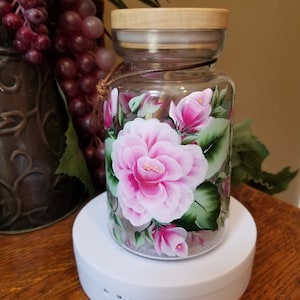 Decorative, Hand Painted, Pink Rose, Clear Glass Bath Salt Jar with Spoon