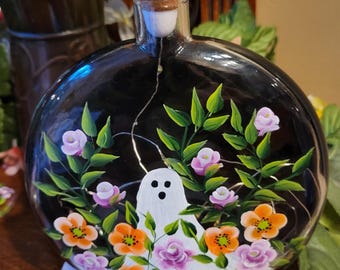 Hand Painted Halloween Ghost Bottle with Fairy Lights