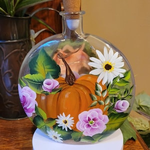 Hand Painted Pumpkin Glass Bottle with Color Changing Lights