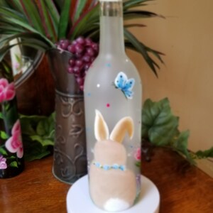 Decorative, Hand Painted, Bunny in Spring Blooms, Frosted Glass, Lighted Wine Bottle With Timer