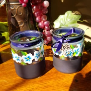 Decorative Set, Hand Painted Blue Flowers, Glass Light Up Votives with timer