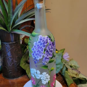 Hand Painted Frosted Wine Bottle Lamp: Spring Garden Decor with Color Changing LED