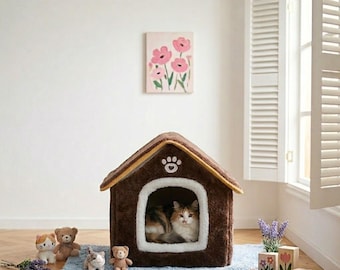 Casa de felpa para gatos de interior: cama plegable para mascotas, tienda de campaña estilo cottagecore para mascotas, cojín extraíble.
