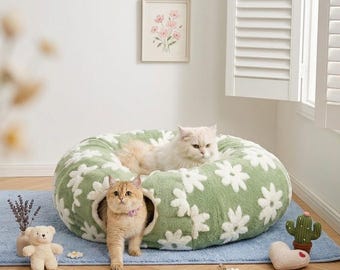 Túnel plegable para gatos con cojín, cama para mascotas con estampado floral de margaritas, túnel de juego lavable.