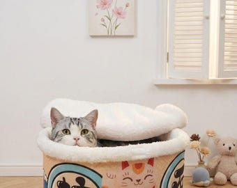 Cama para gatos con tazón de ramen japonés y té boba – Cueva de peluche Kawaii Maneki Neko para gatos