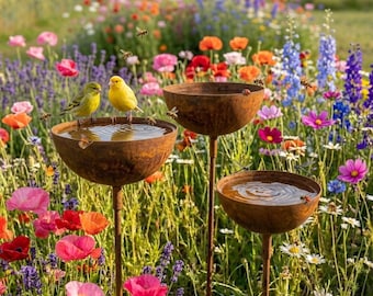 Rustic Metal Stake Bath Set, Handmade Water Bowl, Outdoor Cottage Decor Gift metal yard art ,garden