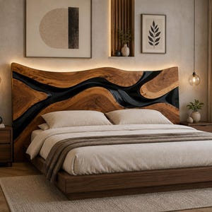 Cabecero de madera epoxi a medida / Cabecero de cama de madera con borde natural / Cabecero de pared de resina y madera natural hecho a mano / Decoración de dormitorio a medida