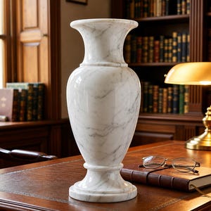 Può includere: Un vaso alto in marmo bianco con venature grigie, caratterizzato da un bordo largo e svasato, un collo sottile, un corpo arrotondato e una base circolare. Il vaso ha una finitura liscia e lucida che mette in risalto il motivo naturale della pietra.