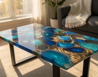 Mesa de centro de ágata natural hecha a mano – Superficie de cóctel con piedra preciosa azul