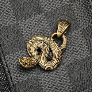 Può includere: Un ciondolo in metallo color oro a forma di serpente arrotolato con dettagliate texture a scaglie su tutto il corpo e la testa. Il serpente è posizionato in un anello circolare con una contromaglia testurizzata in alto e un occhio scuro.