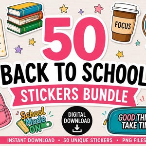 Peut inclure: Un ensemble d'autocollants numériques comprenant 50 illustrations sur le thème de la rentrée scolaire, dont un sac à dos rose, des livres, un globe, des crayons, un gobelet avec le texte FOCUS, une trousse avec le texte GOOD THINGS TAKE TIME et un carnet.