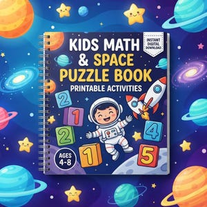 May include: A spiral-bound activity book titled Kids Math & Space Puzzle Book Printable Activities. The cover features a cartoon astronaut, colourful numbered blocks, a rocket ship, and planets against a dark blue starry space background.