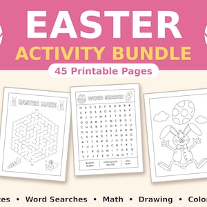 Peut inclure: Un ensemble d'activités de Pâques comprenant 45 pages imprimables avec des labyrinthes, des mots mêlés, des mathématiques, du dessin et du coloriage. Le graphique affiche le texte EASTER ACTIVITY BUNDLE et montre trois exemples de pages.