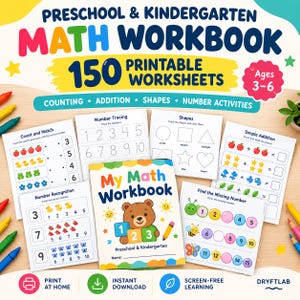 Preschool & Kindergarten Math Workbook | 150 Printable Math Worksheets | Counting, Addition, Shapes, Number Activities
