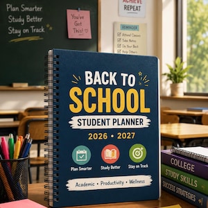 Peut inclure: Un agenda étudiant à reliure spirale bleu foncé avec le texte BACK TO SCHOOL STUDENT PLANNER 2026 2027. La couverture présente trois icônes circulaires pour Plan Smarter, Study Better et Stay on Track, avec les mots Academic, Productivity, Wellness.