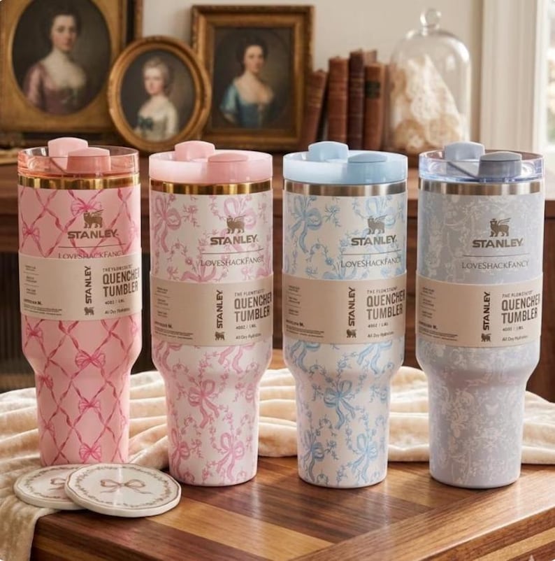 K&ouml;nnte beinhalten: Vier Stanley Quencher-Becher in Rosa, Hellblau und Grau, jeweils mit einem dekorativen Schleifenmuster. Die Becher haben einen Deckel und einen Griff. Der Markenname und die Produktdetails sind auf dem Etikett sichtbar. Untersetzer mit Schleifendesign sind vorne.