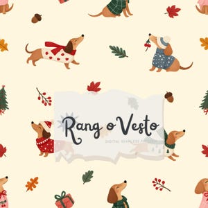 May include: A seamless pattern featuring brown dachshunds wearing sweaters, scarves, and hats, interspersed with autumn leaves, acorns, and berries on a cream background. The text Rang o Vesto is centered over the pattern in a dark script font.