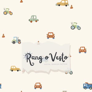 Puede incluir: Un patrón continuo con varios vehículos, incluyendo tractores, coches y camiones en tonos apagados de azul, naranja, verde y amarillo sobre un fondo crema, con conos de tráfico naranjas y el texto Rang o Vesto DIGITAL SEAMLESS PATTERN.
