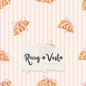 Pink Bow Croissant Seamless Pattern, Hand Painted French Pastry Digital Paper (Digital Download)