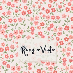 May include: A seamless digital pattern featuring small coral-pink flowers and green leaves on a pale cream background. The text "Rang o Vesto" and "DIGITAL SEAMLESS PATTERN" is centred in a white rectangular overlay on the floral design.