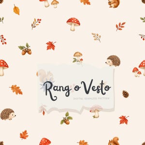 May include: A seamless digital pattern featuring illustrations of red-capped mushrooms, brown squirrels, hedgehogs, acorns, and autumn leaves on a cream background. The text Rang o Vesto DIGITAL SEAMLESS PATTERN is centred in a white overlay.