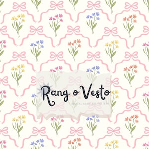 May include: A digital seamless pattern featuring a repeating design of colorful flowers, pink bows, and ribbons on a cream background. The text "Rang o Vesto" is also present.