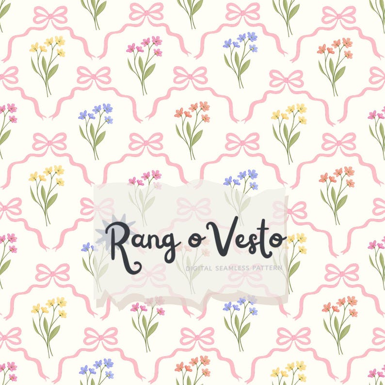 May include: A digital seamless pattern featuring a repeating design of colorful flowers, pink bows, and ribbons on a cream background. The text "Rang o Vesto" is also present.