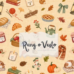 Peut inclure: Un motif numérique sans couture présentant des illustrations sur le thème de l'automne sur un fond texturé beige clair. Les éléments incluent des citrouilles, de la cannelle, de la laine, des livres, une bouilloire verte, des pommes et le texte Rang o Vesto.