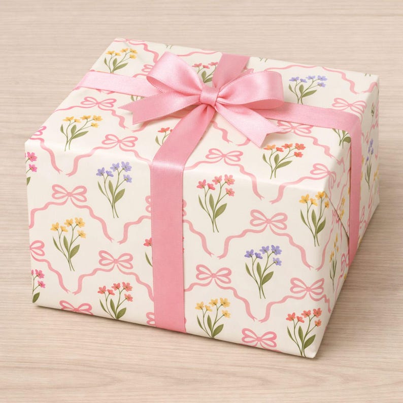 May include: A wrapped gift box with a pink ribbon and bow. The wrapping paper has a cream background with a pattern of pink bows and colorful flowers. The flowers are yellow, purple, and red.