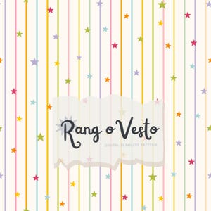 Könnte beinhalten: Ein nahtloses digitales Muster mit vertikalen Streifen in Pastellrosa, Gelb, Hellblau und Lavendel auf cremefarbenem Hintergrund, akzentuiert durch verstreute mehrfarbige Sterne. Der Text Rang o Vesto DIGITAL SEAMLESS PATTERN ist zentriert.