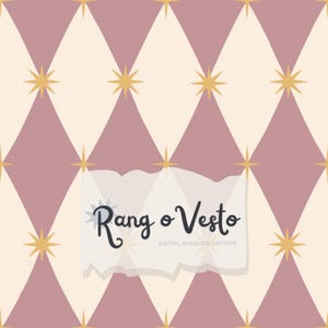 May include: A seamless digital pattern featuring a repeating diamond grid in dusty rose and cream. Small, eight-pointed gold stars are positioned at each intersection of the diamonds. A white rectangular label displays the text Rang o Vesto.