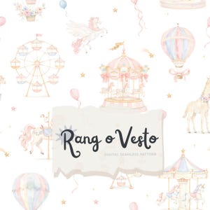 May include: A seamless digital pattern featuring watercolor illustrations of a carousel, a ferris wheel, hot air balloons, a pegasus, and a giraffe on a white background. The text Rang o Vesto is centered in a light beige torn paper overlay.