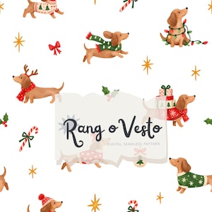 Puede incluir: Un patrón continuo con ilustraciones en acuarela de perros salchicha marrones con ropa festiva, incluyendo suéteres, bufandas y astas de reno, intercalados con bastones de caramelo, estrellas y acebo, con el texto Rang o Vesto.