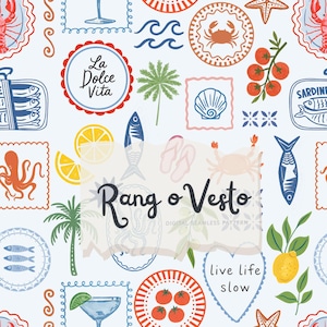 Puede incluir: Un patrón sin costuras con ilustraciones de temática italiana en rojo, azul, naranja y verde. El diseño incluye imágenes de mariscos, limones, tomates y los textos "La Dolce Vita" y "live life slow". También está presente el texto "Rang o Vesto".