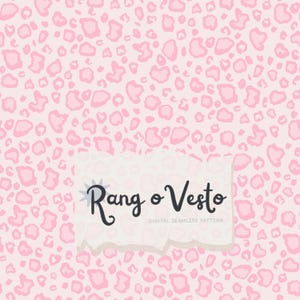 May include: A seamless digital pattern featuring a repeating leopard print design in shades of light pink and soft pastel pink. Centered on the image is a white rectangular overlay with torn edges displaying the black text Rang o Vesto.