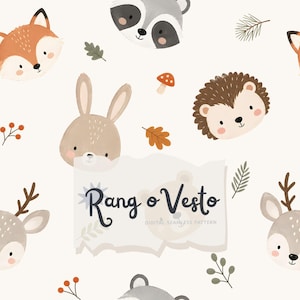 May include: A seamless digital pattern featuring illustrated woodland animals including a fox, raccoon, rabbit, hedgehog, and deer, interspersed with small mushrooms, leaves, and berries on a cream background with the text Rang o Vesto.