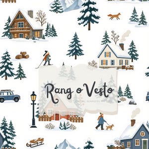 Könnte beinhalten: Ein nahtloses digitales Muster mit einer Winterlandschaft aus schneebedeckten Hütten, Tannen, Bergen, einem blauen SUV, einem Schlitten und Personen beim Skifahren oder Gassigehen. Der Text Rang o Vesto ist über dem Wintermotiv zentriert.