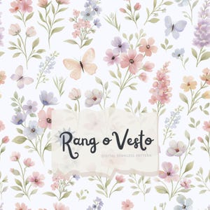 Puede incluir: Un patrón digital sin costuras que presenta ilustraciones estilo acuarela de varias flores pequeñas en tonos rosa, azul y morado, intercaladas con mariposas. El texto Rang o Vesto DIGITAL SEAMLESS PATTERN está centrado en negro.