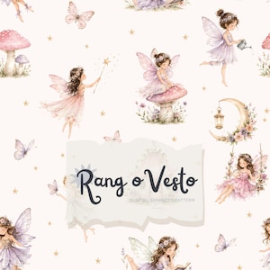 May include: A seamless pattern featuring watercolour illustrations of fairies with wings, pink mushrooms, butterflies, stars, and a crescent moon with a lantern. The text Rang o Vesto is centred in a white overlay on the repeating design.