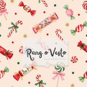 May include: A seamless digital pattern featuring watercolor illustrations of red and white candy canes, wrapped candies with holly motifs, and round lollipops with pink bows on a light cream background with small red dots and gold stars. Text reads Rang o Vesto.