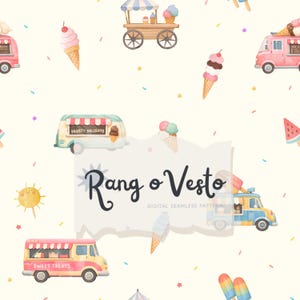 May include: A digital seamless pattern in watercolour style, featuring ice cream vans, cones, and lollies in pastel shades. The pattern includes the text "Frosty Delights" and "Sweet Treats". The background is a light cream colour with colourful confetti.