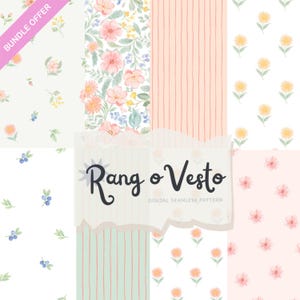 Könnte beinhalten: Eine Sammlung digitaler, nahtloser Muster mit floralen und gestreiften Designs in sanften Pastellfarben. Die Muster zeigen Aquarellblumen, Beeren und vertikale Streifen. Das Bild enthält den Text "Rang o Vesto" und "Bundle Offer".
